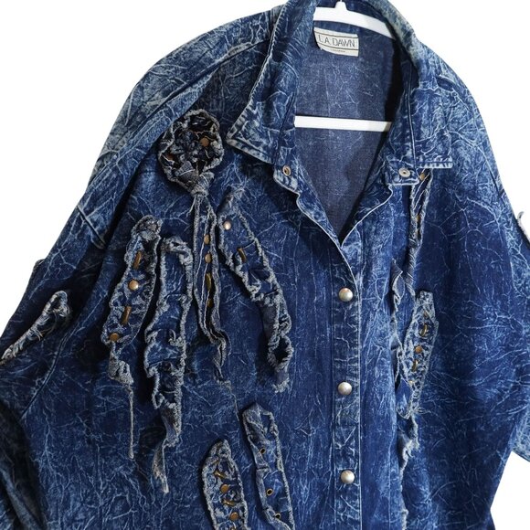 Vintage 80s Acid Wash Oversized Denim Studded Shirt Jacket Art To Wear Size XL - Picture 4 of 9